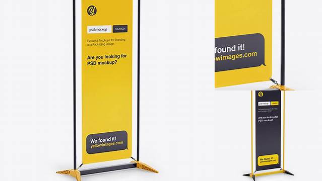 431+ Glossy Vinyl Stand-Up Banner in Frame PSD Mockup Half Side View Free Smart Object Templates