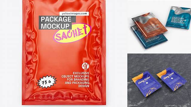 4324+ Glossy Sachet with Box PSD Mockup Half Side View Advanced Editable Template Free