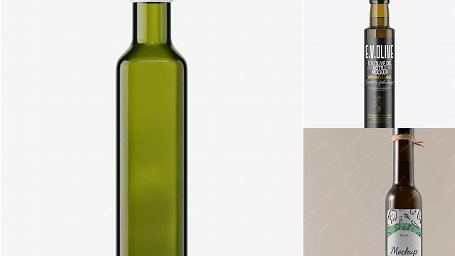 4329+ 250ml Antique Green Glass Bottle with Olive Oil PSD Mockup Unique and Editable PSD