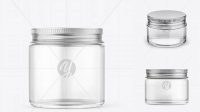 433+ Clear Glass Cosmetic Jar with Metallic Cap PSD Mockup Front View Fully Customizable Mockup PSD Free