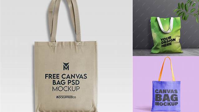 4334+ Canvas Bag PSD Mockup Half Side View High-Angle Shot Layered PSD File Free Download