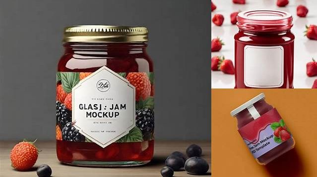 4355+ Glass Jar with Strawberry Jam PSD Mockup Front View High Angle Shot Exclusive Free PSD Mockups