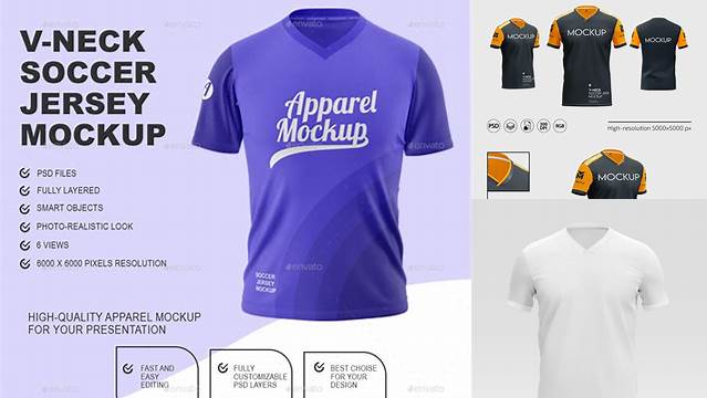 4356+ Men’s Soccer V-Neck Jersey PSD Mockup Front View Versatile PSD Mockup File