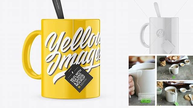 436+ Glossy Mug With Tea Bag & Spoon PSD Mockup High-Angle Shot PSD Free Download