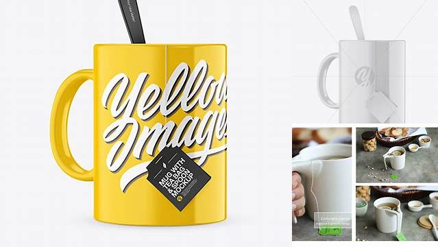 436+ Glossy Mug With Tea Bag & Spoon PSD Mockup High-Angle Shot PSD Free Download