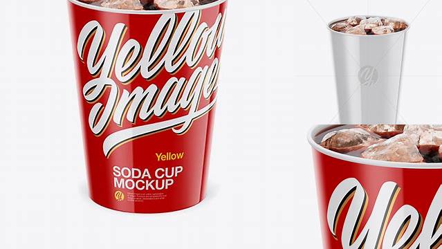 4415+ Glossy Soda Cup With Ice PSD Mockup Front View High-Angle Shot Elegant Free Template