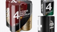 4448+ 4 Cans in Matte Shrink Wrap PSD Mockup Half Side View High Angle Shot Easy-to-Edit Photoshop Freebie