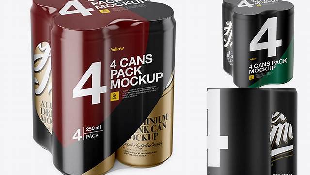 4448+ 4 Cans in Matte Shrink Wrap PSD Mockup Half Side View High Angle Shot Easy-to-Edit Photoshop Freebie