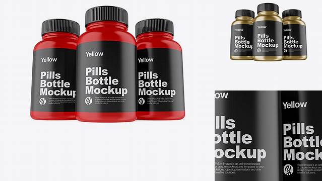 4448+ Three Metallic Pills Bottles PSD Mockup Front View Hero Shot Free Download Design Mockup