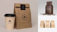 446+ Glossy Bag with Kraft Coffee Cup PSD Mockup Front View Smart PNG Image