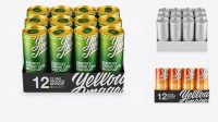 451+ Transparent Pack with 12 Aluminium Cans PSD Mockup Front View High-Angle Shot Elegant Photoshop Mockup