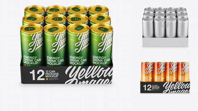 451+ Transparent Pack with 12 Aluminium Cans PSD Mockup Front View High-Angle Shot Elegant Photoshop Mockup