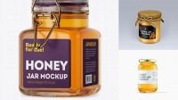 4528+ Glass Honey Jar PSD Mockup Halfside View Creative Design PSD Free Download