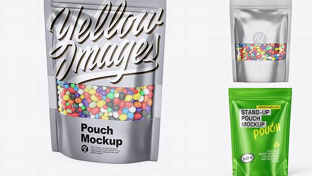 4532+ Metallic Stand-Up Pouch With Candies PSD Mockup Front View Layered PSD File Free Download