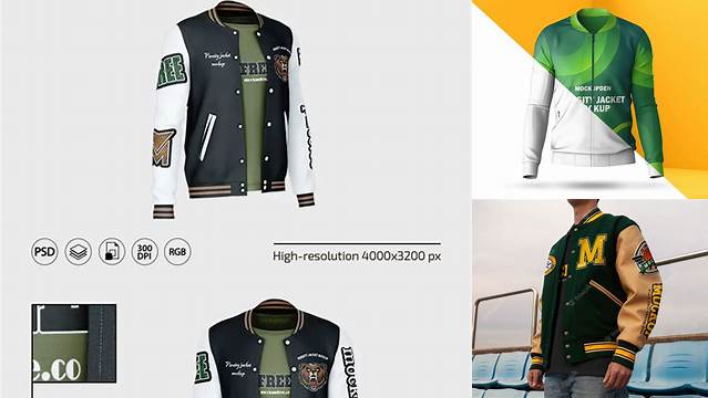 4539+ Men’s Varsity Jacket PSD Mockup Back View Fully Customizable Mockup PSD Free