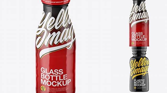 4566+ Glass Bottle in Glossy Shrink Sleeve PSD Mockup Front View High-Angle Shot Free Design Resource