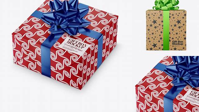 459+ Textured Paper Gift Box with Metallic Bow PSD Mockup Versatile Photoshop File