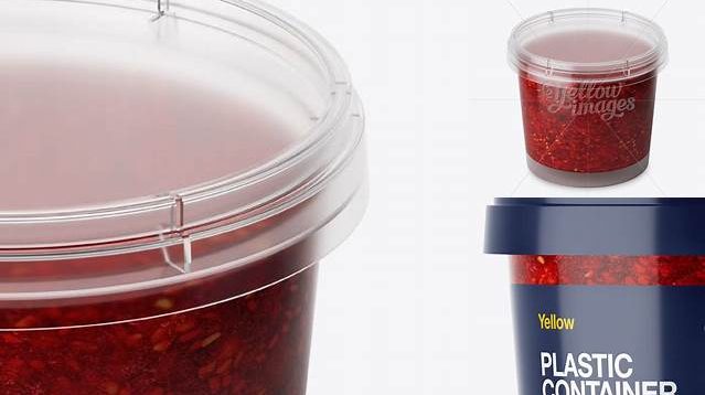 4602+ Glossy Plastic Container With Raspberry Jam PSD Mockup High-Angle Shot High-Quality Editable PSD