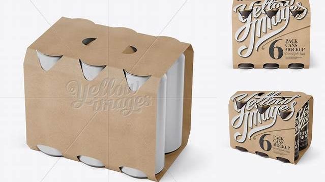 4613+ Kraft Paper 6 Pack Cans Carrier PSD Mockup Halfside View High-Angle Shot Free Premium Photoshop Template Download