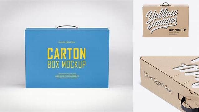 4623+ Kraft Carton Box With Handle PSD Mockup Front View High Angle Shot Free Graphic Mockup PSD