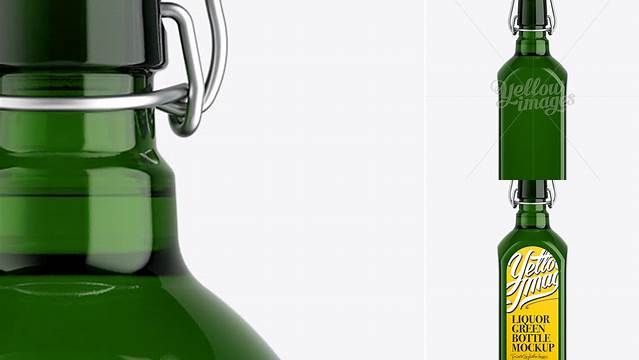 4677+ Liquor Green Bottle PSD Mockup with Flip-Top Cap Front View Digital Photoshop Free Mockup