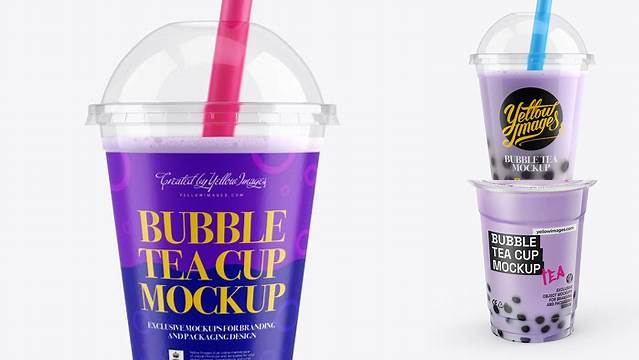 4680+ Blueberry Bubble Tea Cup PSD Mockup Front View Exclusive Layered PSD Mockup