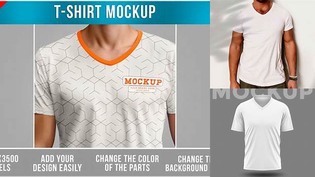 4680+ Men's T-Shirt With V-Neck PSD Mockup Front View High-End Professional PSD Resources