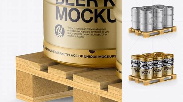 4695+ Wooden Pallet With 6 Metallic Beer Kegs PSD Mockup Half Side View Customizable PSD Templates