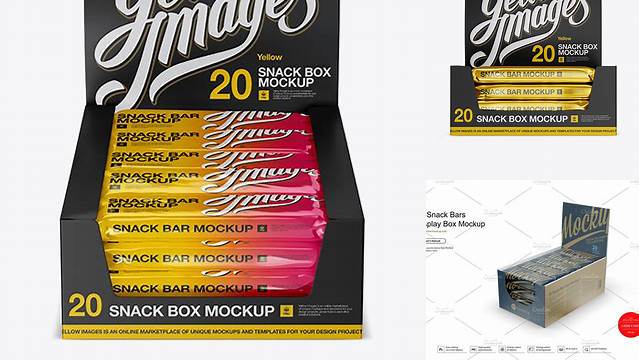 4704+ 20 Snack Bars Display Box PSD Mockup Front View High-Angle Shot Advanced Editable PSD