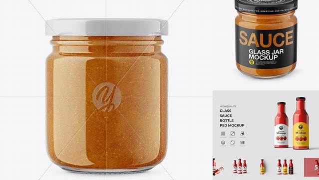 4708+ Glass Jar with Curry Sauce PSD Mockup Front View Downloadable PSD Design Template