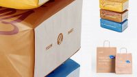 4717+ Three Matte Paper Bags PSD Mockup Halfside View High-Angle Shot High-End PSD Download