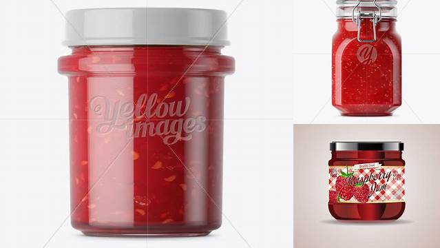 4729+ Glass Jar With Raspberry Jam PSD Mockup Eye-Level Shot Professional Photoshop Design Freebie