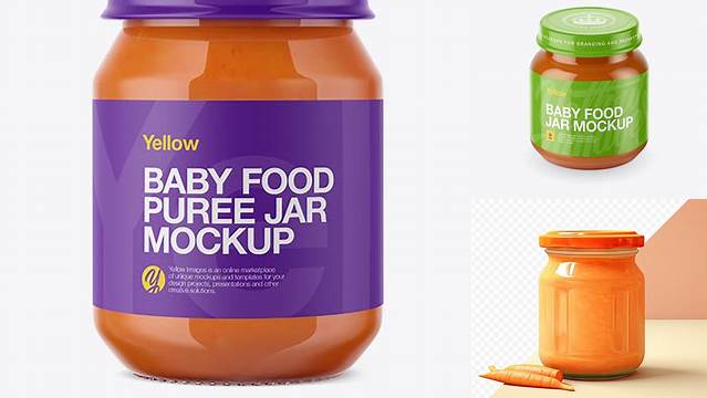 4747+ Baby Food Carrot Puree Small Jar PSD Mockup Front View Smart Object PSD Template