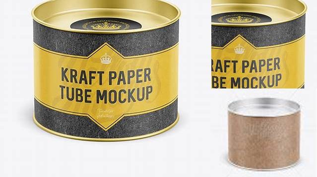 476+ Small Kraft Paper Tube with a Flat Tin Lid and a Paper Label High-Angle View Layered PSD File Free Download