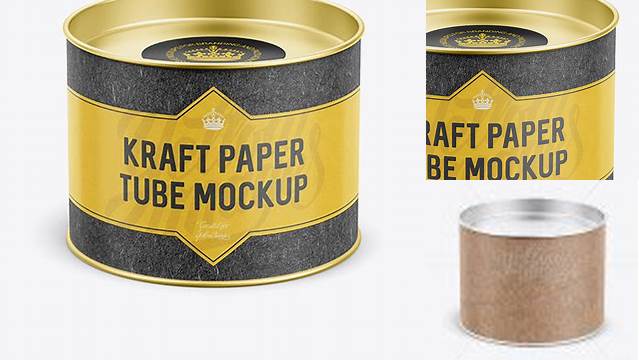 476+ Small Kraft Paper Tube with a Flat Tin Lid and a Paper Label High-Angle View Layered PSD File Free Download