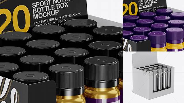 4763+ 20 Metallic Sport Nutrition Bottles Display Box PSD Mockup Halfside View Custom PSD Mockup Template