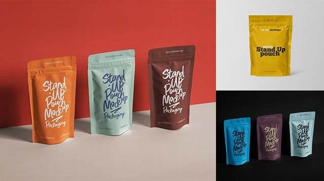 4764+ Stand Up Matte Pouch with Sticker PSD Mockup Half Side View Fully Layered Free Photoshop File