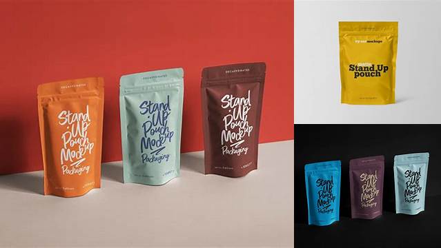 4764+ Stand Up Matte Pouch with Sticker PSD Mockup Half Side View Fully Layered Free Photoshop File