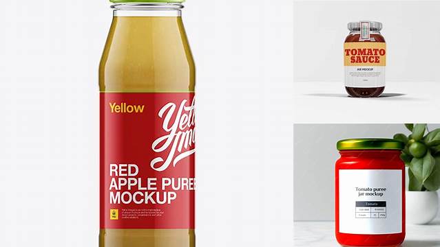 4765+ Glass Bottle with Apple Puree PSD Mockup Download Premium PSD Resource