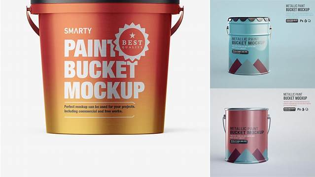 477+ Metallic Paint Bucket PSD Mockup Eye-Level Shot Fully Customizable Photoshop Freebie