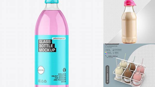 4774+ 500ml Clear Glass Bottle with Milk Shake PSD Mockup Digital Download