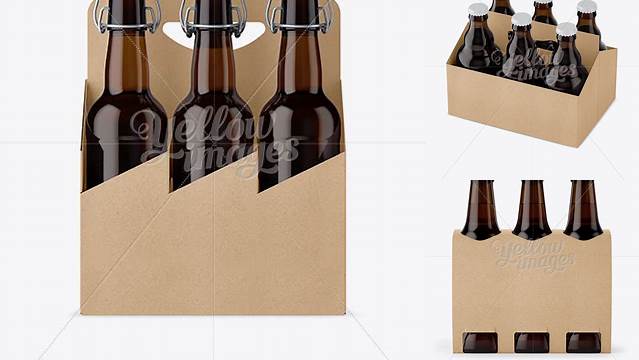 4794+ Kraft Paper 6 Pack Amber Bottle Carrier PSD Mockup 3/4 View High-Angle Shot Free PSD