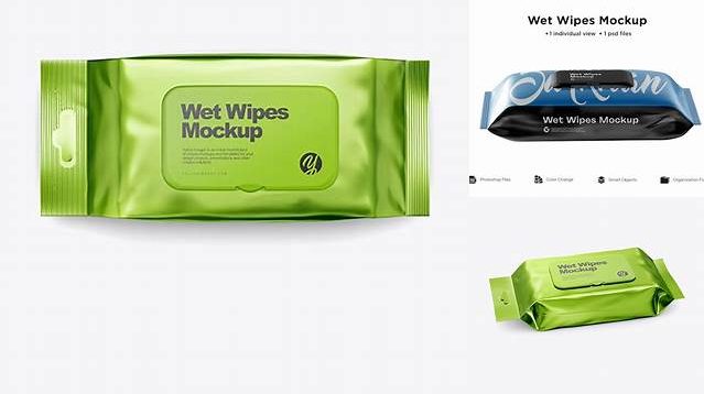 4846+ Metallic Wet Wipes Pack with Plastic Cap PSD Mockup Half SIde View High Angle Shot Fully Customizable Photoshop Freebie