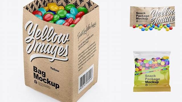 4891+ Kraft Snack Bag With Candies PSD Mockup Front View Free Downloadable Graphic Resource