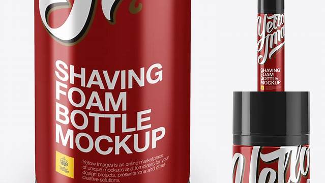 4910+ Glossy Metallic Shaving Foam Bottle With Cap PSD Mockup High-Angle Shot Advanced Editable PSD