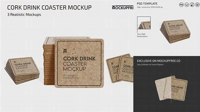 4916+ Cork Beverage Coasters PSD Mockup Top View Smart Object PSD Template