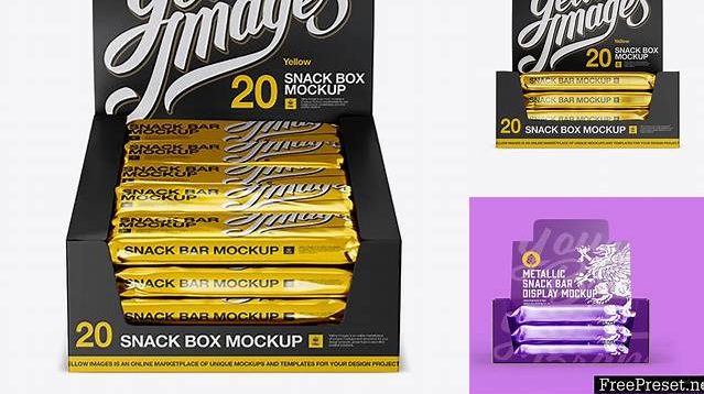 4921+ 20 Metallic Snack Bars Display Box PSD Mockup Front View High-Angle Shot Customizable Layered Design PSD