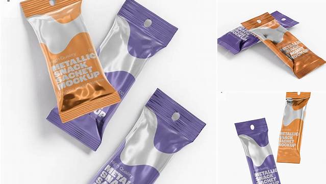 4929+ Metallic Snack Bar Sachet PSD Mockup Front View High-End Layered Mockup Free