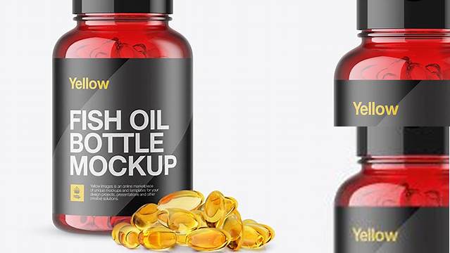 4934+ Red Fish Oil Bottle PSD Mockup Front View Easy-to-Edit Photoshop Freebie