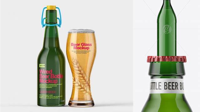 4946+ Green Glass Bottle with Lager Beer PSD Mockup Professional Quality Freebie PSD File